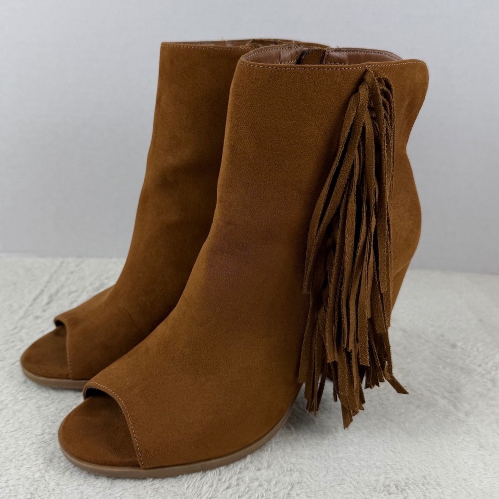 Big Buddha Cognac‎ Brown Suede Fringe Peep Toe Ankle Boots Block Heel Booties 8